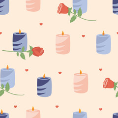 Seamless pattern with hand drawn burning aroma candles, roses and hearts on a light beige background. Flat design for fabric, wrapping paper, home decor or romantic concepts