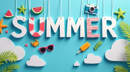 Bright summer decorations with colorful elements on blue wood