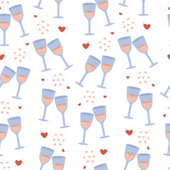 Seamless pattern with hand drawn champagne glasses and hearts shapes with arrow. Flat design for fabric, wrapping paper, Valentines Day concepts or home decor