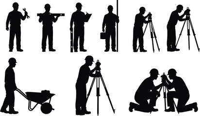 Obraz premium Professional Construction Engineers and Surveyors Silhouette Collection: Workers with Safety Helmets, Tools, Leveling Instruments, and Theodolites Performing Measurement Tasks on Site,