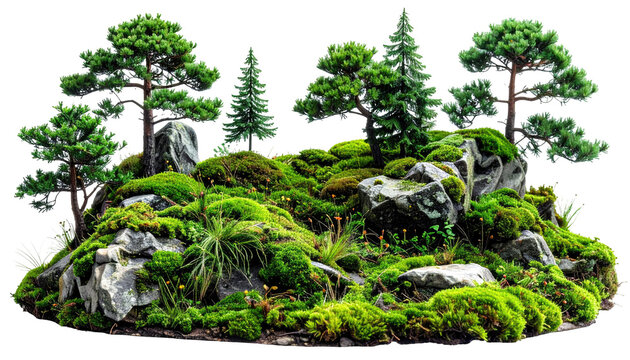 A vibrant, miniature landscape featuring a verdant hill covered in lush moss, accented by gray rocks and evergreen trees
