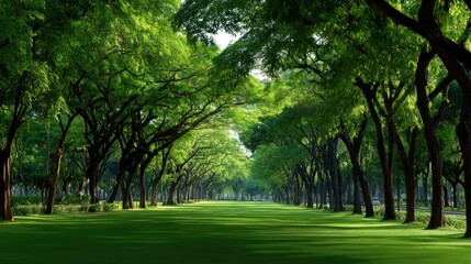 Naklejka premium Lush Green Pathway Surrounded by Tall Trees in a Serene Urban Park Under Bright Blue Sky and Soft Sunlight