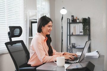 Overjoyed businesswoman happy for successful work.