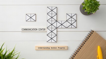 Creative layout of a communication center concept with geometric shapes, notes, and plants on a wooden background