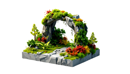 A diorama showcases an archway covered in vibrant green moss & flora, a stone path leading into its opening