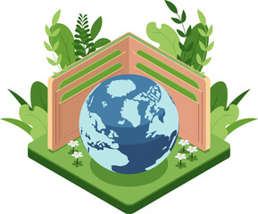 Isometric Earth Inside an Open Wallet with Plants