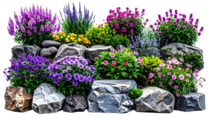 A vibrant, colorful display of blooming flowers cascading over a textured stone wall, depicting a meticulously designed garden scene