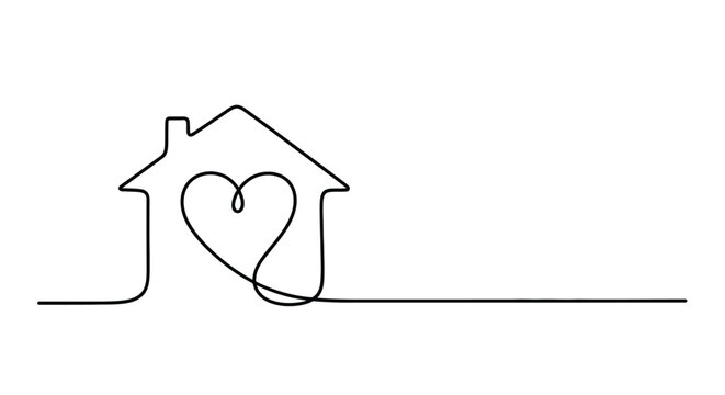 Minimalist single line drawing of a house with a heart inside symbolizing love and home on a white background
