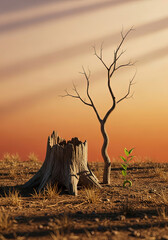 A minimalist nature scene featuring a weathered tree stump resting on dry, earthy ground