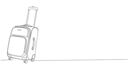 Minimalist continuous line drawing of a wheeled suitcase with a telescopic handle standing on a flat surface