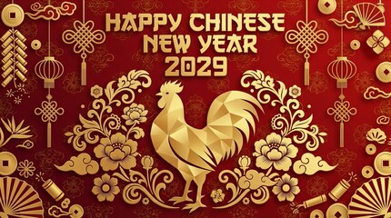 Happy Chinese New Year 2029, featuring elegant rooster silhouette, ornate flowers, and festive decorative elements on red background