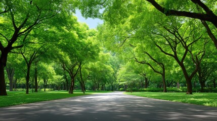 Fototapeta premium Serene Green Park Pathway Surrounded by Lush Foliage and Vibrant Trees Under Bright Blue Sky in a Beautiful Natural Landscape