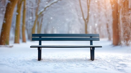 Snowy Winter Scene with Empty Bench Surrounded by Trees and Soft Falling Snowflakes in a Peaceful Park Setting