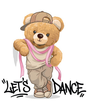 Charming vector illustration of a teddy bear dancer with a backwards cap and pink ribbon, leaning casually with