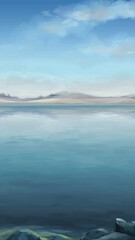 Fototapeta premium tranquil lake with distant hills and partly cloudy sky above.