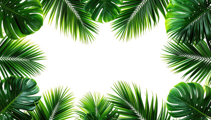 Lush, tropical foliage frames a negative space. Emerald green leaves border the solid black background, creating a vibrant visual