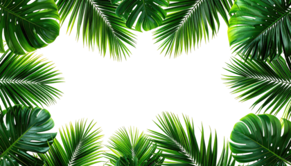 Lush, tropical foliage frames a negative space. Emerald green leaves border the solid black background, creating a vibrant visual