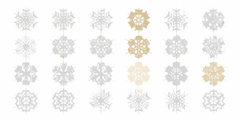 A collection of delicate paper snowflakes in varying shades of gray and gold