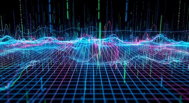 Vibrant digital data streams and waveforms on a dark grid with binary code - Powered by Adobe