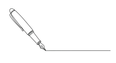 Fototapeta premium Elegant single line drawing of a classic fountain pen creating a straight line on a white background representing writing and creativity