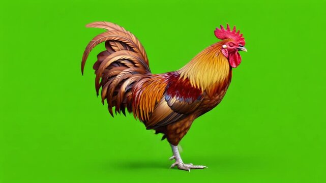 A full body shot of a rooster standing on a green screen with detailed feathering and coloring chicken green screen video