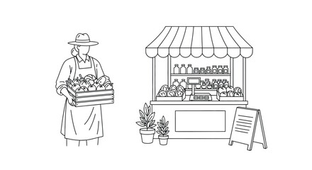 A farmer wearing a hat and apron carries a wooden crate overflowing with fresh produce next to a market stall
