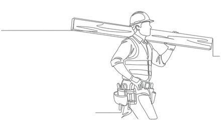 Construction worker wearing a hard hat and tool belt carries a wooden beam over his shoulder in a minimalist line art style