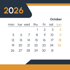 October 2026 calendar with orange accents and modern design
