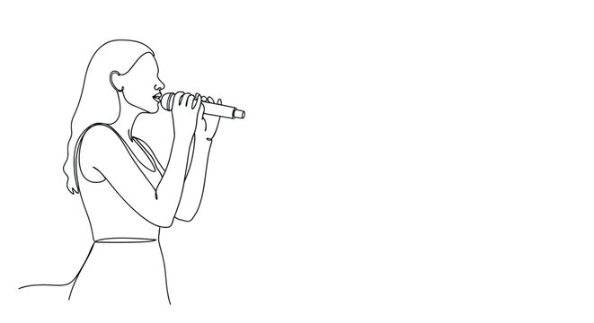 Elegant continuous line drawing of a woman singing passionately into a microphone with flowing hair and a simple dress