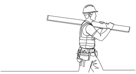 Construction worker wearing a hard hat and tool belt carrying a long wooden plank over his shoulder in a continuous line drawing style