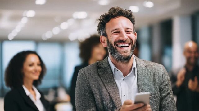Laughter of Success: A portrait of a business man, radiating pure joy, his hearty laughter filling the corporate atmosphere, celebrating success.