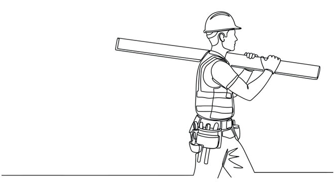 Construction worker wearing a hard hat and tool belt carrying a long wooden plank over his shoulder in a continuous line drawing style - Powered by Adobe