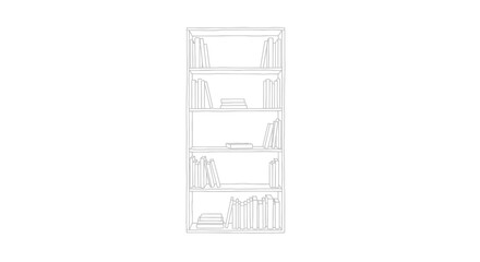 A minimalist line drawing of a tall five shelf bookcase filled with various books and some stacked horizontally on white background © Line Home