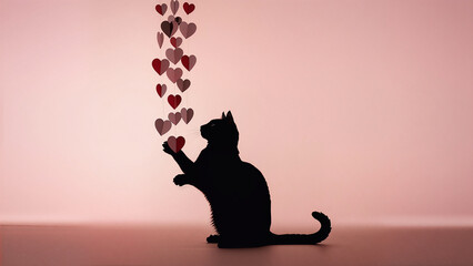 Minimal Valentine Cat Silhouette With Floating Paper Hearts