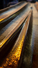 Close-up of wet, reflective railway tracks illuminated by warm light.