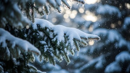Obraz premium A serene and beautiful close-up of evergreen branches heavily weighted with fresh white snow and ice, with soft focus background and falling snowflakes. 
