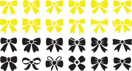 Fototapeta premium A large assortment of various stylized solid yellow and black decorative bow ribbons on white