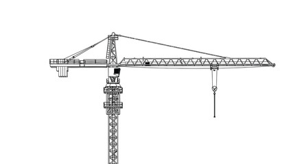Detailed outline illustration of a tower crane on a white background for construction and engineering projects © Line Home
