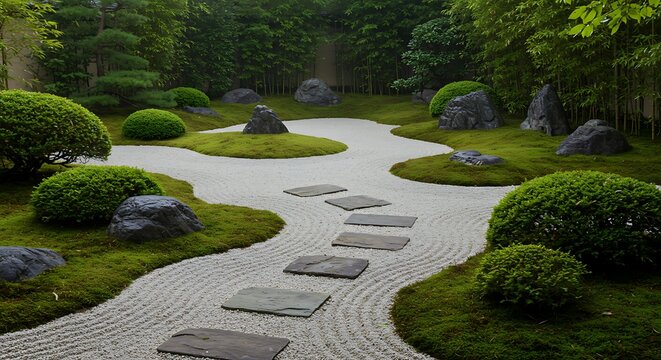 Zen Garden Path: Serene Greens, Rippled Sand.