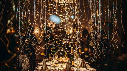 A vibrant and luxurious party scene, focusing on a table set with party hats, champagne glasses, and a shower of falling gold confetti and streamers. Perfect for New Year's, birthdays, or special even