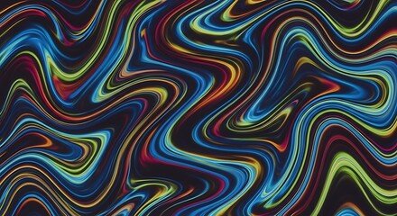 A vibrant, abstract digital art piece with swirling, multicolored lines resembling liquid or flowing paint on a dark background