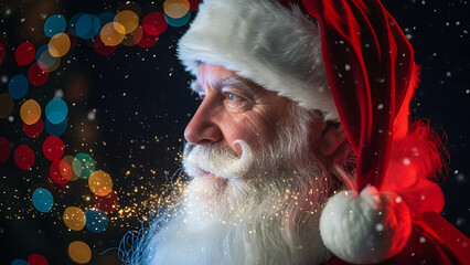 Santa Claus in festive holiday setting with sparkling lights