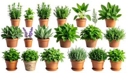A vibrant assortment of potted herbs, showcasing various textures and shades of green against a transparent backdrop