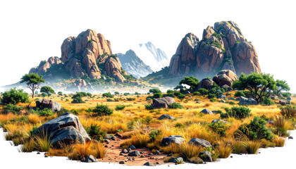 A vibrant vista showcases arid, open terrain. Towering rocky formations frame distant peaks. Sparse trees and shrubs dot the landscape