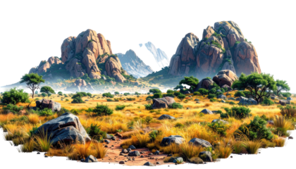 A vibrant vista showcases arid, open terrain. Towering rocky formations frame distant peaks. Sparse trees and shrubs dot the landscape