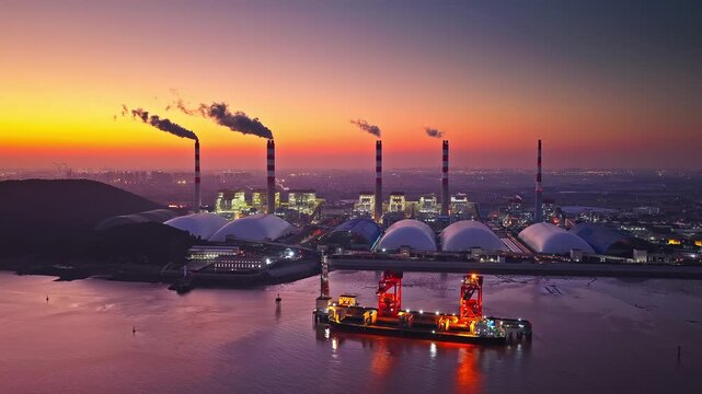 Aerial shot of a large thermal power plant with smoking chimneys at sunset 