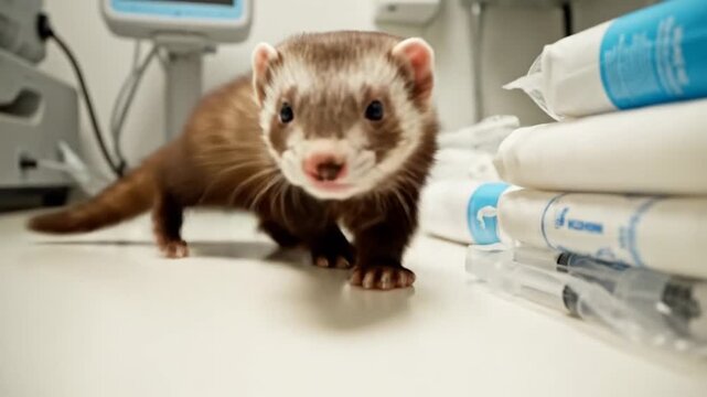 Playful Ferret Exploring a Brightly Lit, Medical-Themed Environment