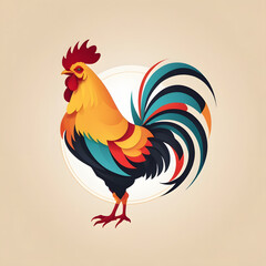 A detailed illustration of a rooster's head, showcasing vibrant red, white, and yellow colours against a gradient red background