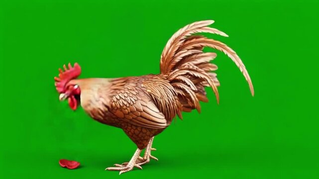 Golden rooster standing against a green background in a studio with bright lighting effect chicken green screen video