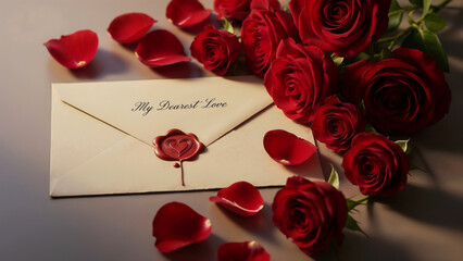 Love Letter Envelope with Red Roses and Petals – Symbol of Romance and Affection